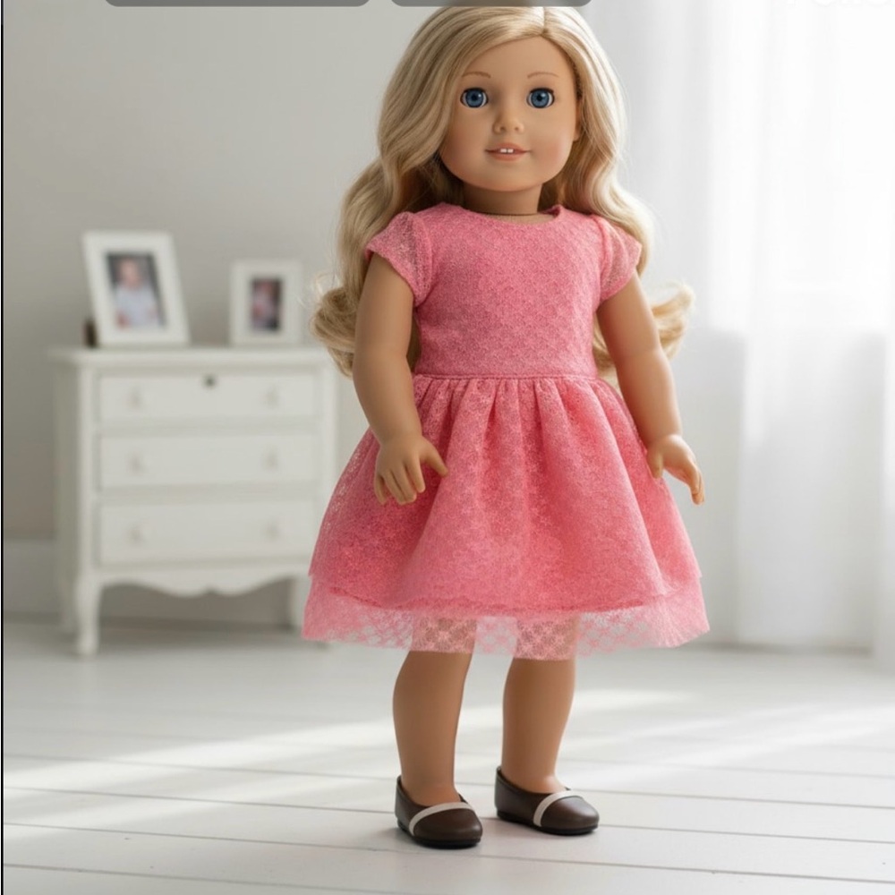 Pink Lace Doll Dress with Brown Shoes- doll not included